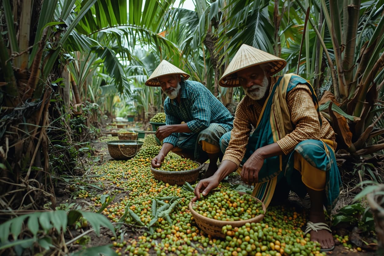 Indian farmers harvesting organic spices in Kerala - representing Gramiter's partnership with local farming communities